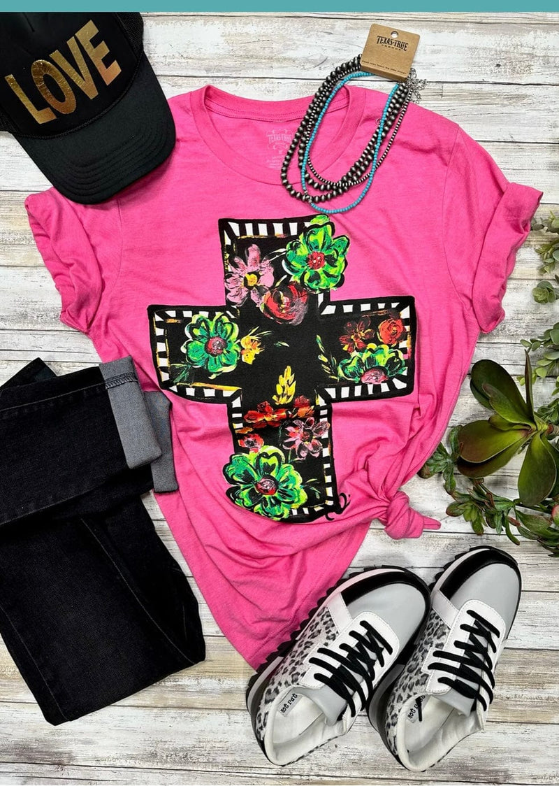Wild Horse Boutique Apparel & Accessories The a pink Callie floral cross Tee